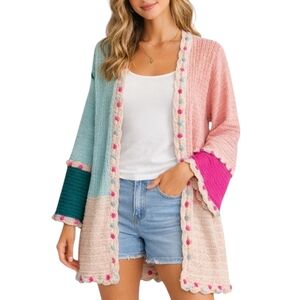 27" Ptp • Hand Crafted • Colourful Pink and Teal Cardigan Circular Motif On Back